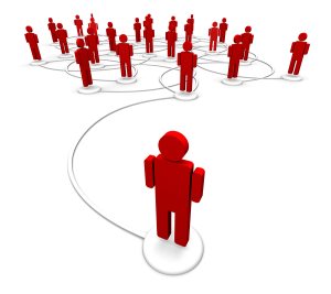 3D illustration of icon people linked by communication lines that start from one person out in front of the crowd