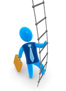 3d businessman character climbs up rope-ladder