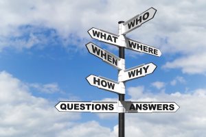 Concept image of the six most common questions and answers on a signpost