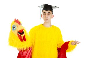 Graduate in a chicken suit work outfit