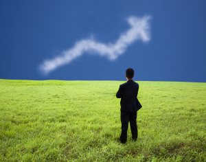 Businessman stand in the meadow and watch the business  profit graph of cloud