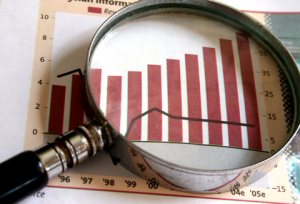 red bar graphs with magnifying glass on top
