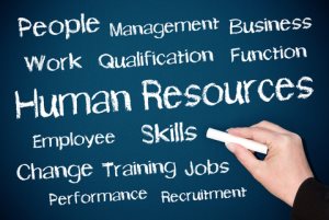 hand writing Human Resources terms on chalk board