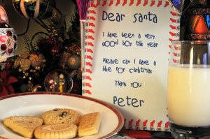 Dear Santa letter with milk and cookies.