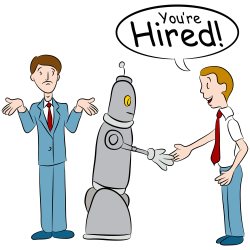 An image of a man losing a job to a robot.