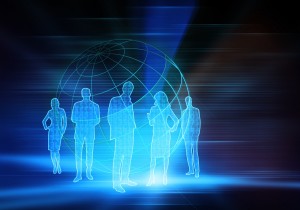 Five business people with light effected body of numbers Future Business People