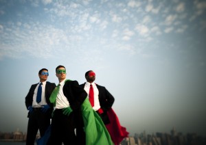 Business Superheroes at City Skyline