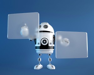Robot pushing a button on digital virtual screen