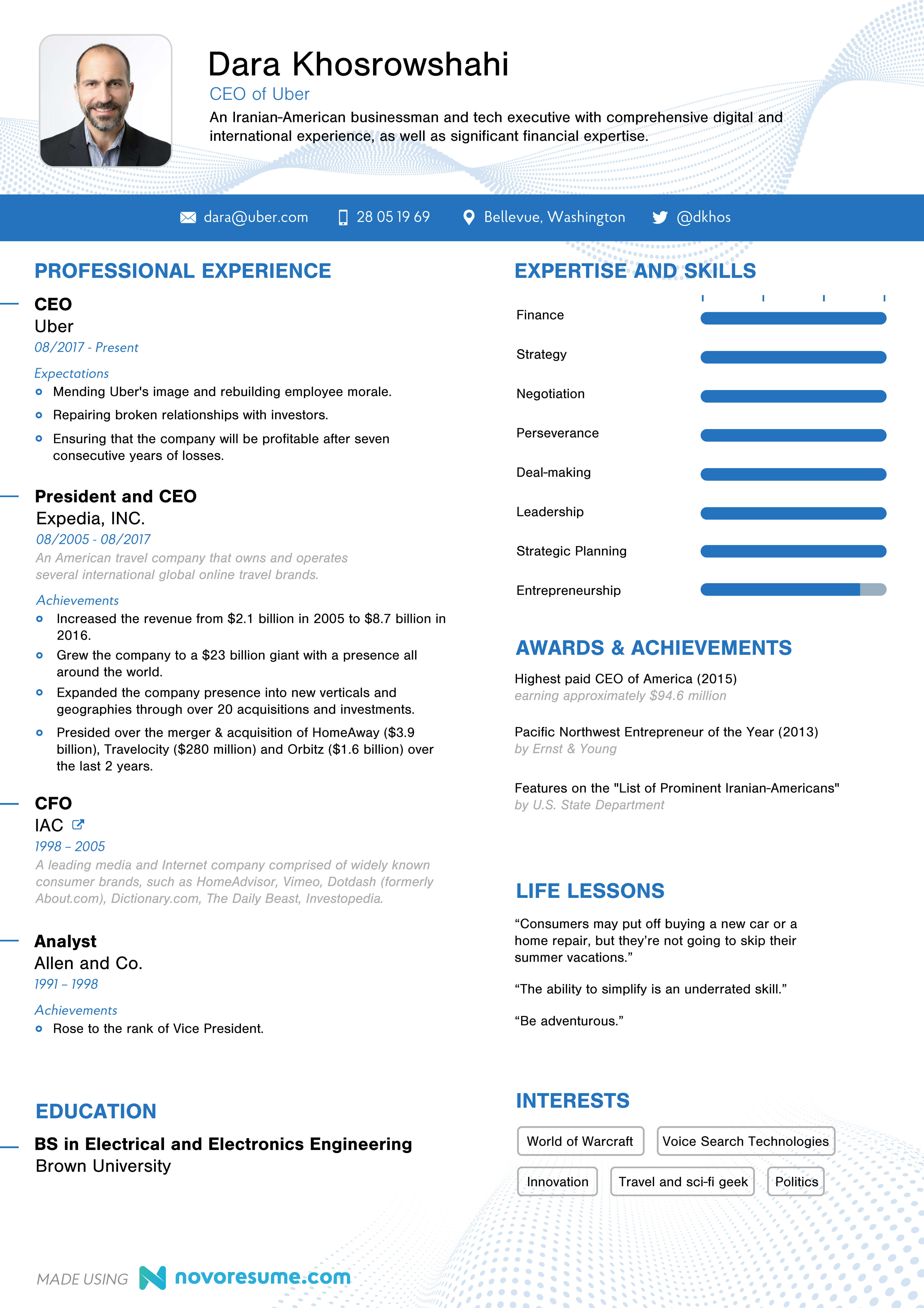 Uber CEO - Dara Khosrowshahi Resume Infographic