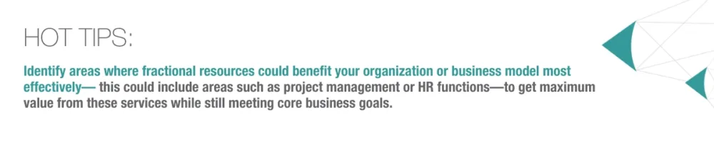 Hot Tip: Identify areas where fractional resources could benefit your organization or business model most effectively— this could include areas such as project management or HR functions—to get maximum value from these services while still meeting core business goals.