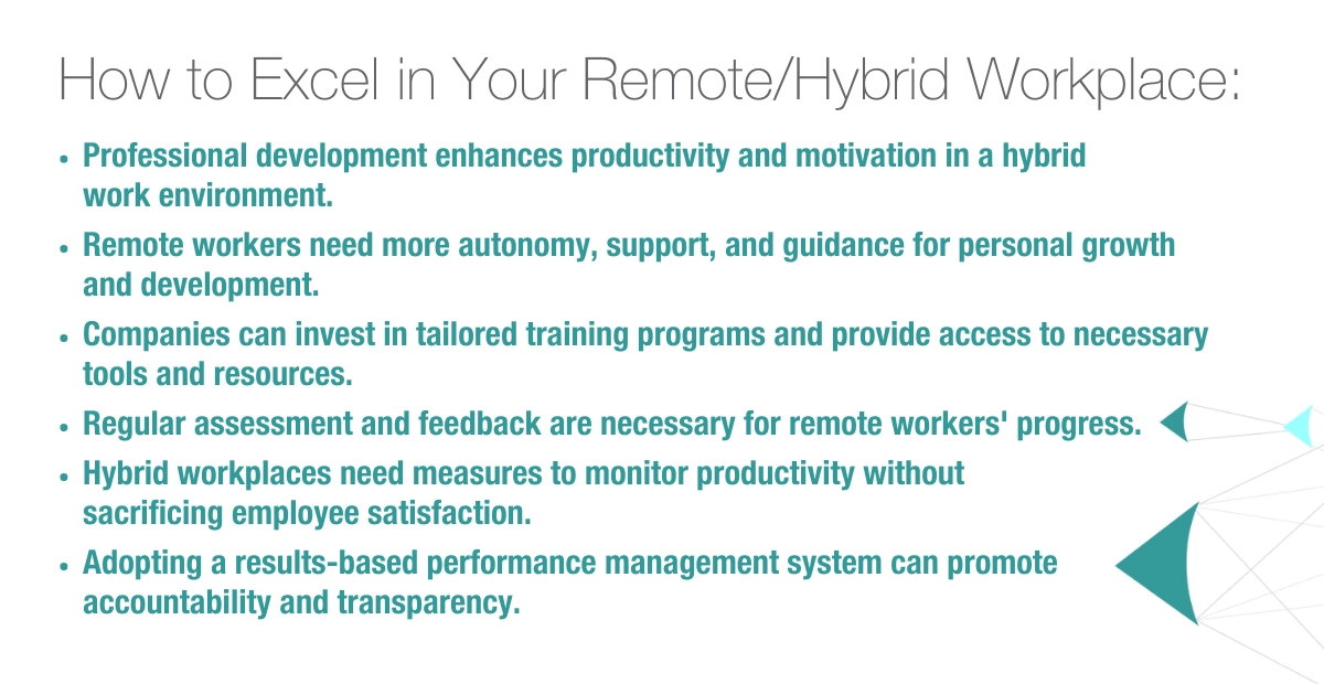 How to Excel in Your Remote/Hybrid Workplace: Professional development enhances productivity and motivation in a hybrid work environment. Remote workers need more autonomy, support, and guidance for personal growth and development. Companies can invest in tailored training programs and provide access to necessary tools and resources. Regular assessment and feedback are necessary for remote workers' progress. Hybrid workplaces need measures to monitor productivity without sacrificing employee satisfaction. Adopting a results-based performance management system can promote accountability and transparency.